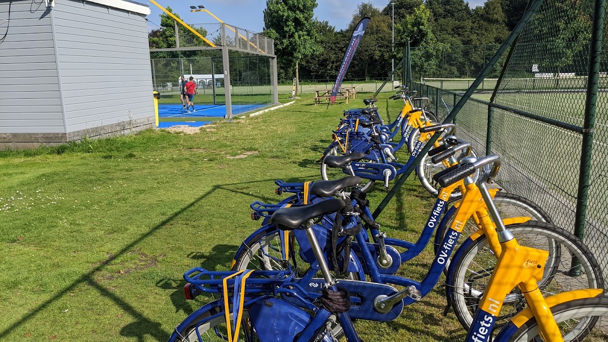 Blauwe en gele padelbikes geparkeerd bij buitenbanen met kunstgras en trampoline.