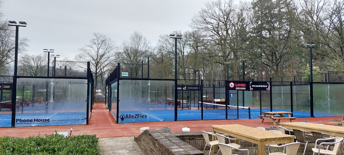Outdoor padelbanen met blauwe hardcourt en houten zithoek, omringd door bomen